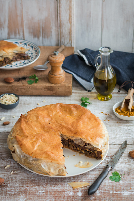 recette de Pastilla de pigeon aux aubergines confites