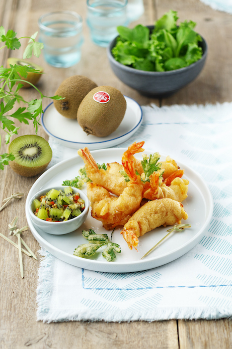 recette de Tempura de gambas et chutney de kiwi