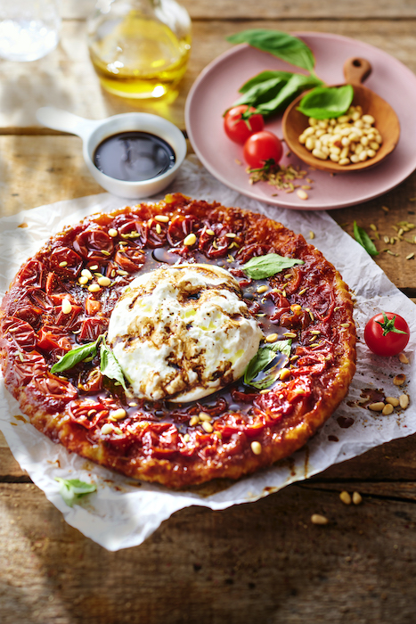 recette de Tatin de tomates cerises à la burrata