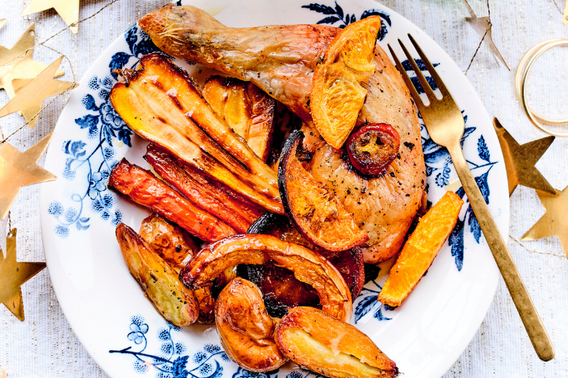 Dinde aux clémentines et légumes racines