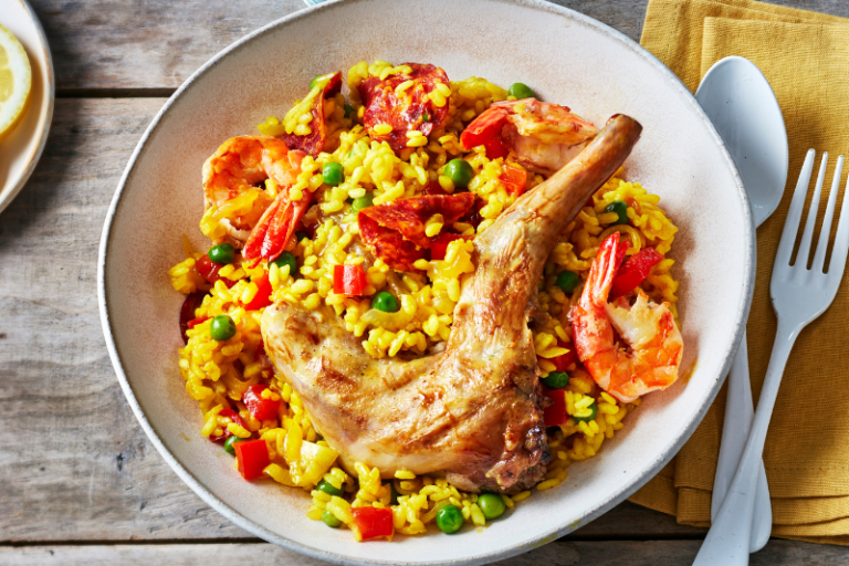 Paëlla au lapin, gambas et chorizo Kiss My Chef