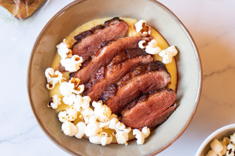 Magret polenta et pop-corn