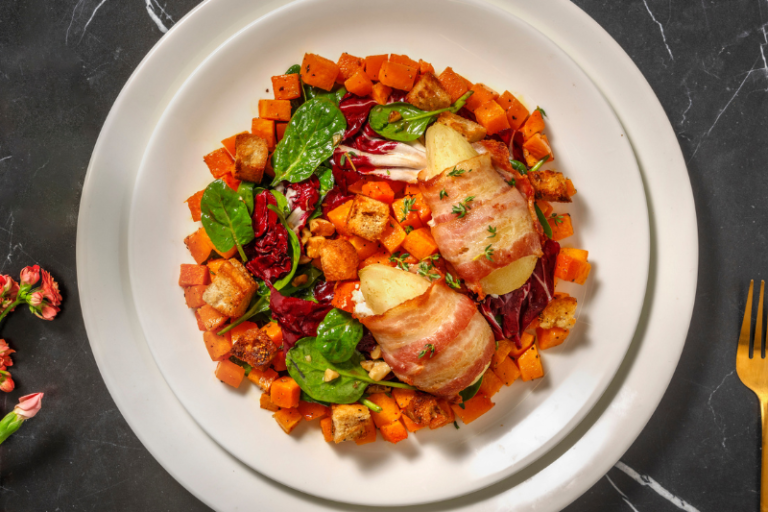 Poires au chèvre enlacées de lard