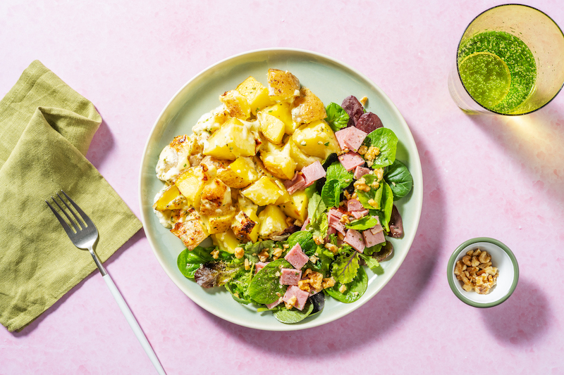 recette de Gratin au Camembert et salade aux noix