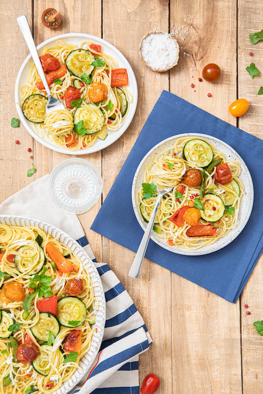 recette de Spaghetti aux légumes grillés et fromage
