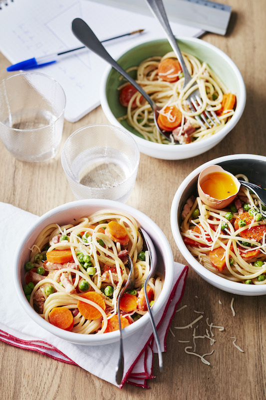 recette de Spaghettis à la carbonara aux petits légumes