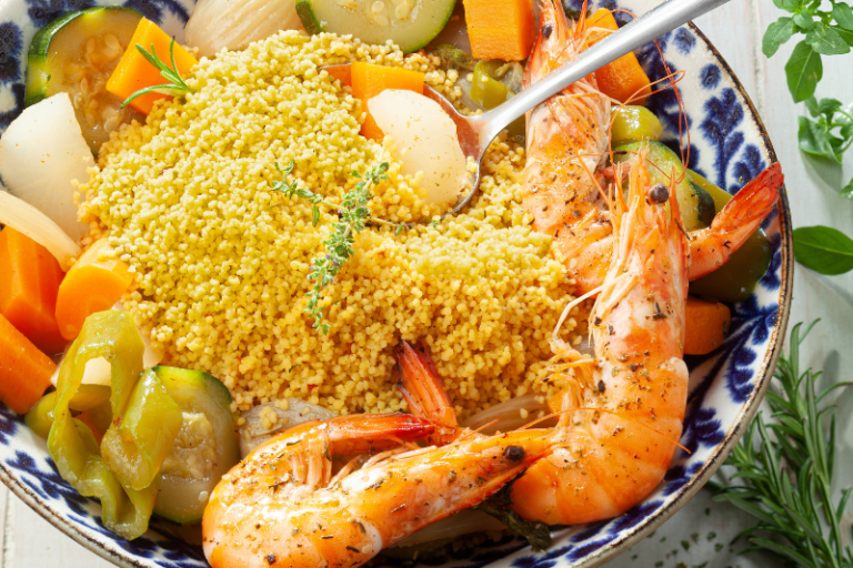 Couscous aux légumes et gambas sautées