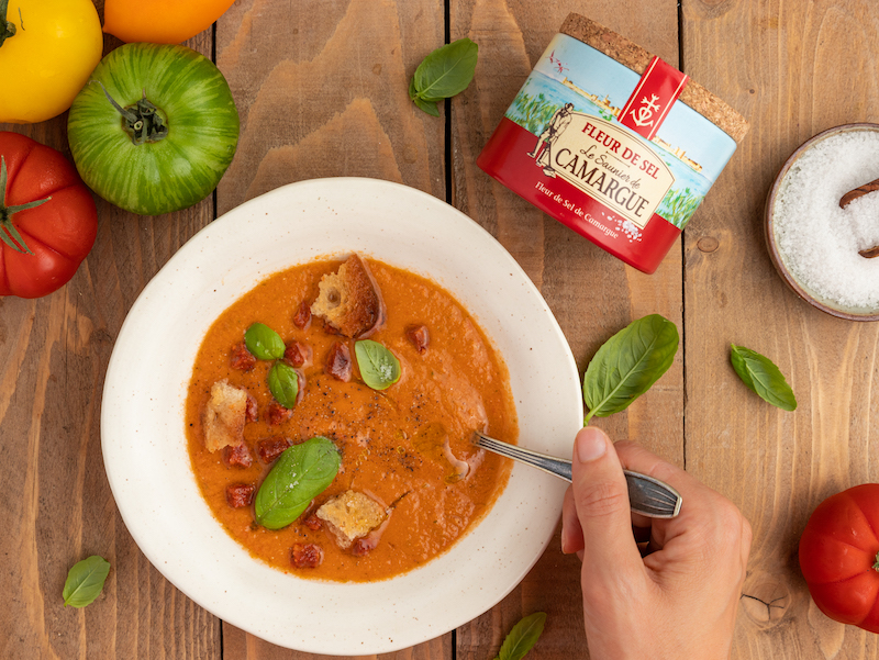 recette de Gaspacho de tomates et croûtons au chorizo