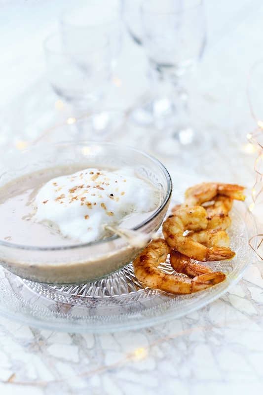 recette de Cappuccino de châtaignes et crevettes sautées