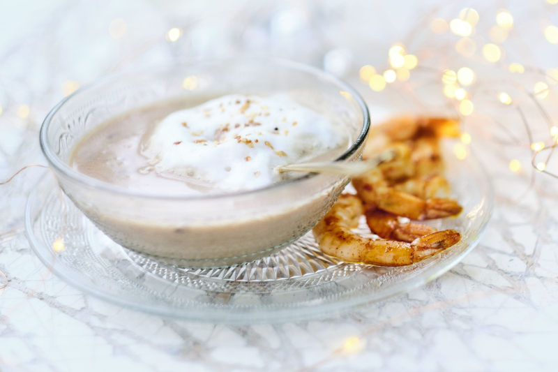 Cappuccino de châtaignes et crevettes sautées