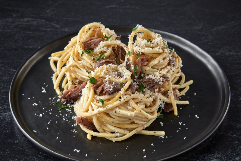 Spaghetti carbonara aux joues de porc