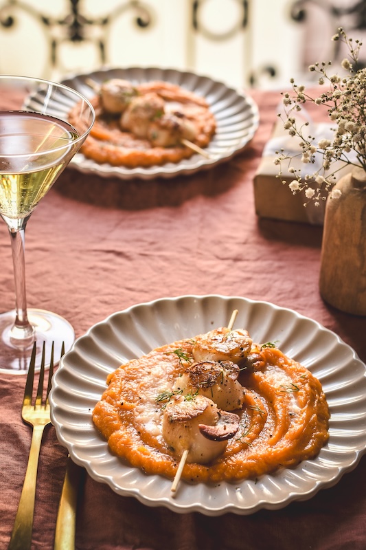 recette de Brochettes de Saint-Jacques à la purée