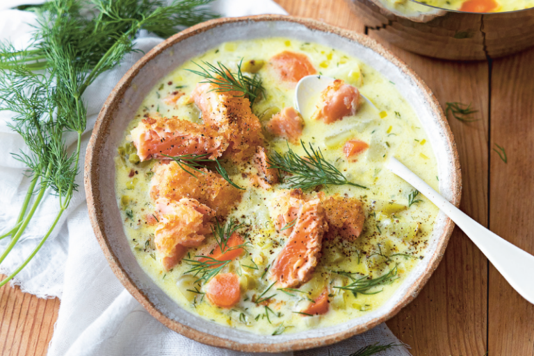 Crème de poireau et truite crispy