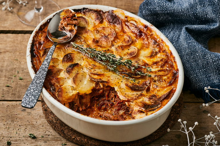 Gratin d’effiloché d’agneau confit