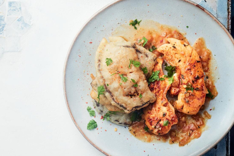 Aiguillettes de poulet et aubergines en tempura