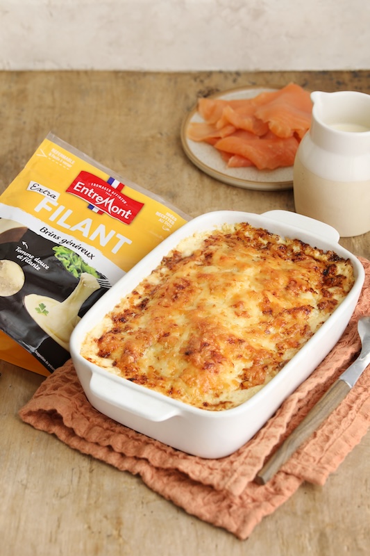 recette de Gratin de ravioles au saumon fumé