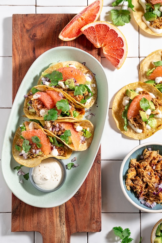 recette de Tacos au poulet effiloché et pamplemousse