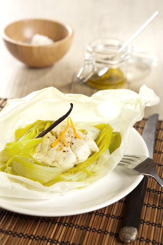 recette de Papillote de poireaux et cabillaud à la vanille
