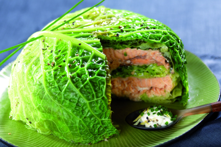 Millefeuille de chou vert et saumon