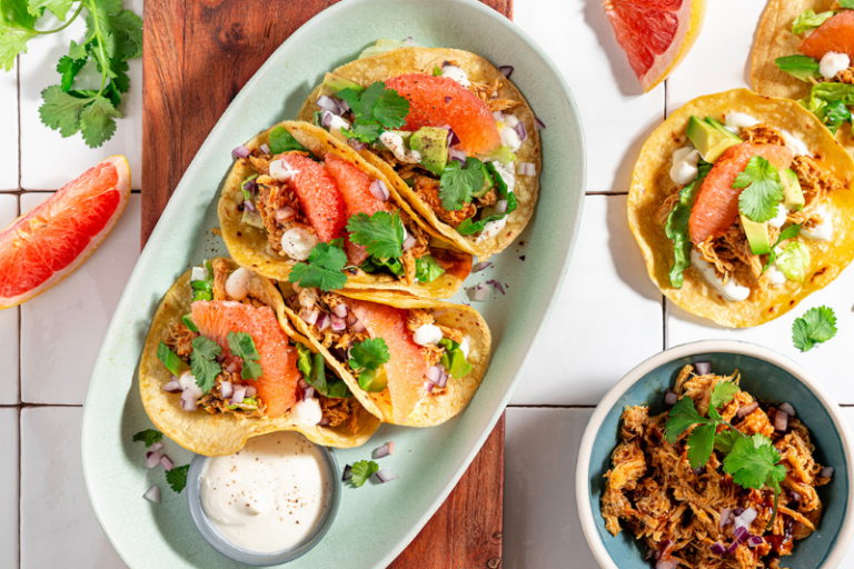 Tacos au poulet effiloché et pamplemousse