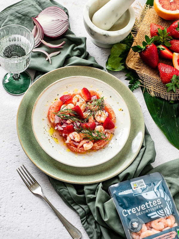 recette de Ceviche de crevettes et granité fraise