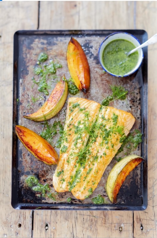 recette de Plancha de saumon et melon au pesto