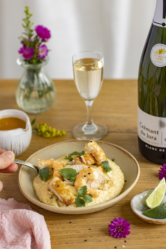recette de Polenta crémeuse aux crevettes et suprêmes de volaille
