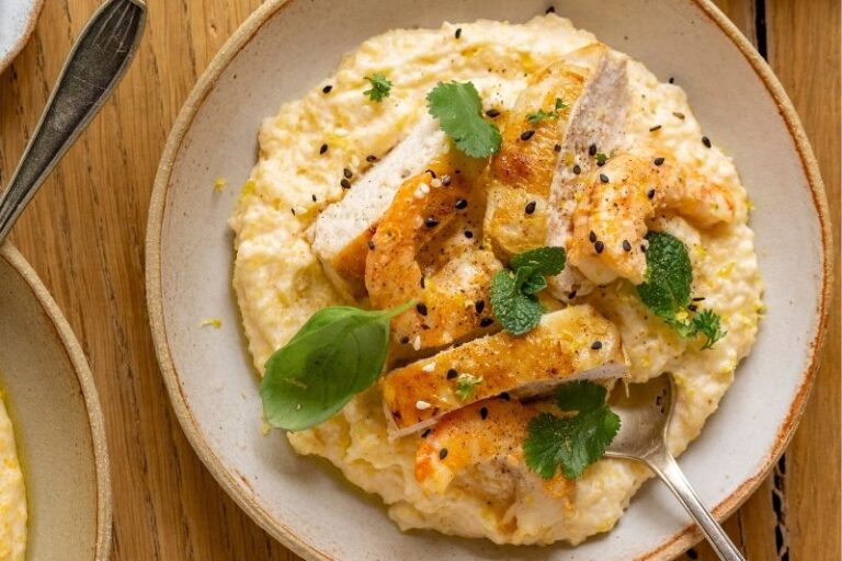Polenta crémeuse aux crevettes et volaille