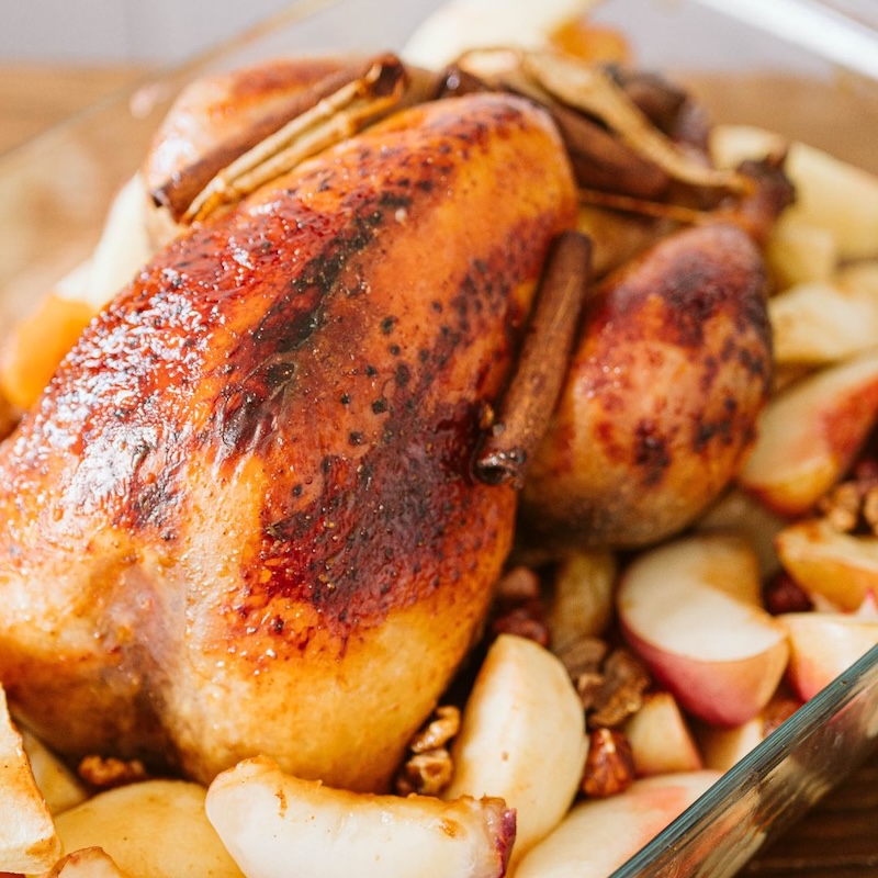 recette de Pintade fermière à la pêche caramélisée