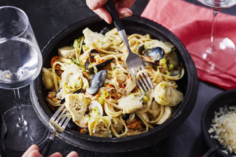 Linguine revisitées aux coquillages et artichaut