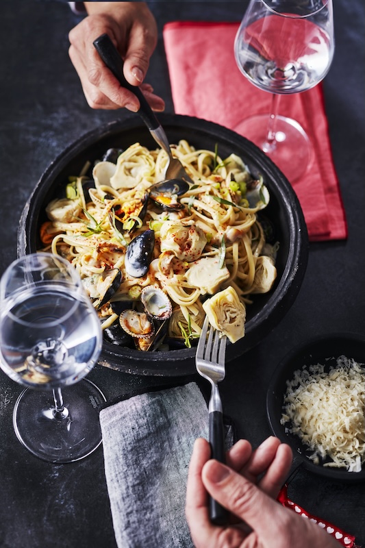 recette de Linguine revisitées aux coquillages et artichaut