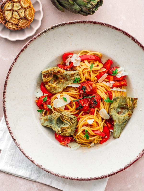 recette de Spaghetti aux poivrons et aux cours d’artichaut