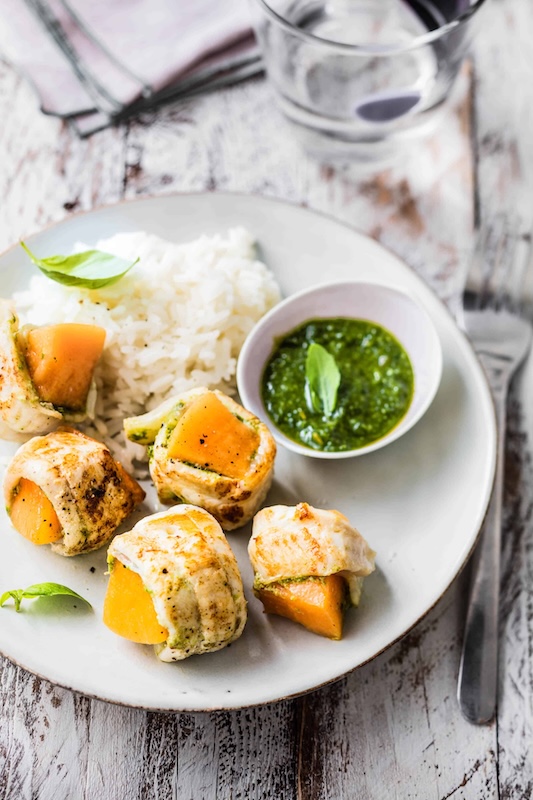 recette de Roulés de sole au melon et au pesto