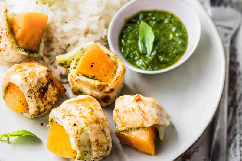 Roulés de sole au melon et au pesto