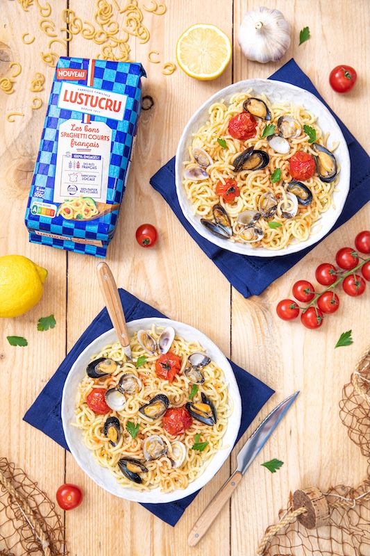 recette de Spaghetti courts aux coquillages et tomates
