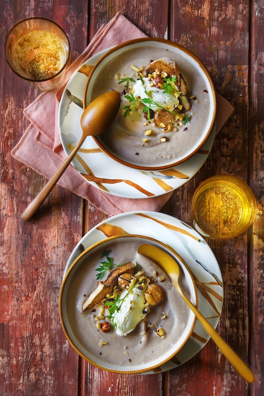 recette de Velouté de châtaignes chantilly noisette