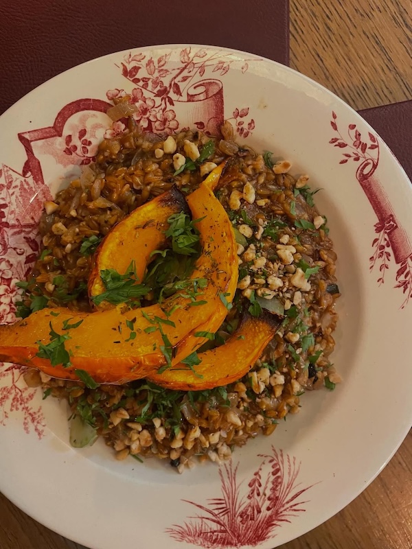 risotto de petit épeautre aux châtaignes et potimarron rôti