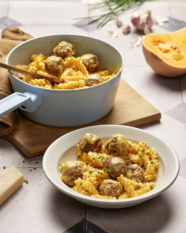recette de Pâtes aux boulettes et sauce butternut