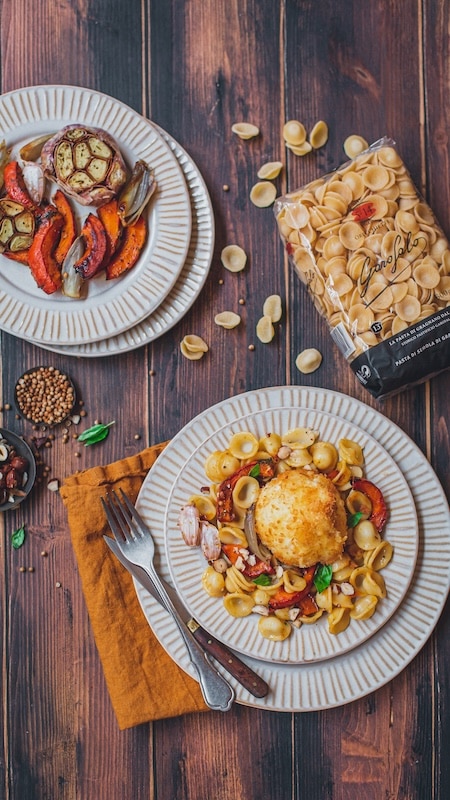 recette Orecchiette aux courges et burrata panée