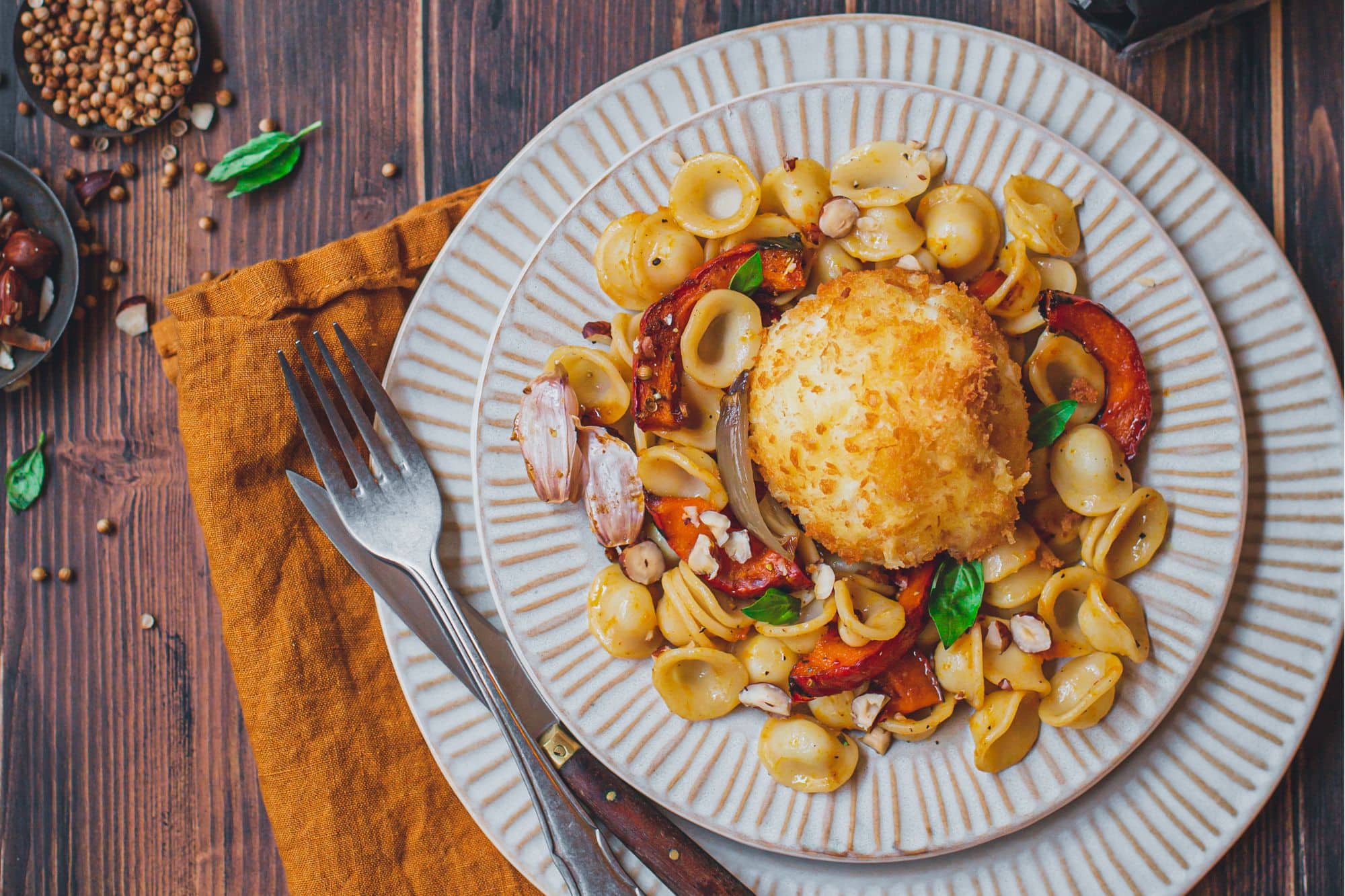Orecchiette aux courges et burrata panée
