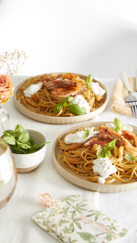 recette Linguine aux crevettes et burrata