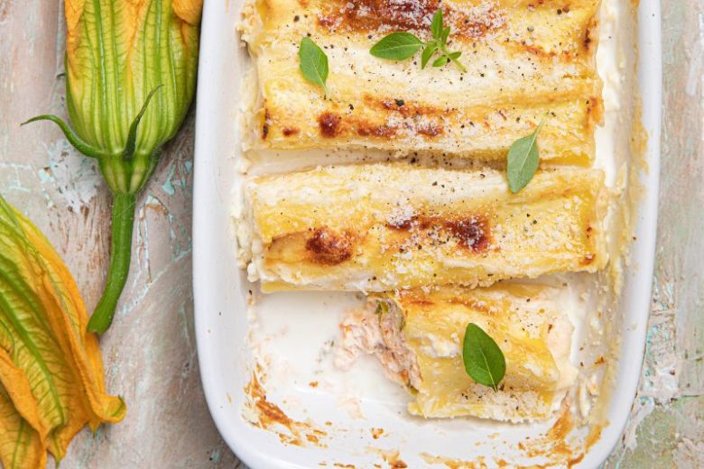 Cannellonis au saumon et fleurs de courgettes