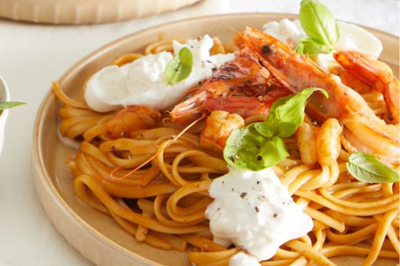 Linguine aux crevettes et burrata