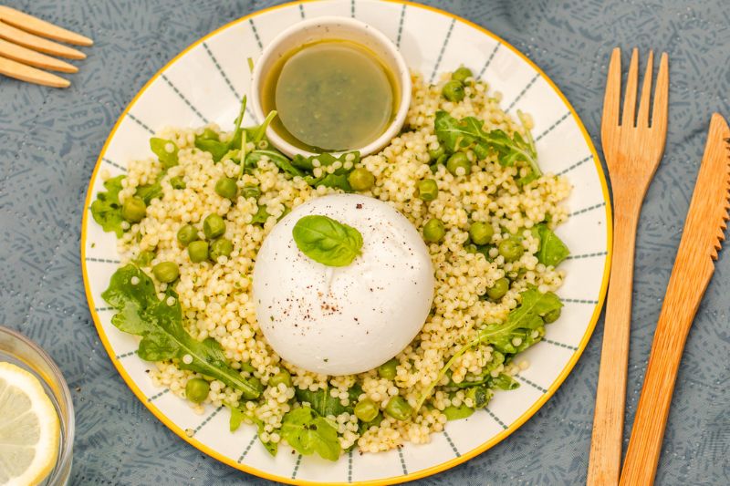 Perles aux petits pois et Burrata