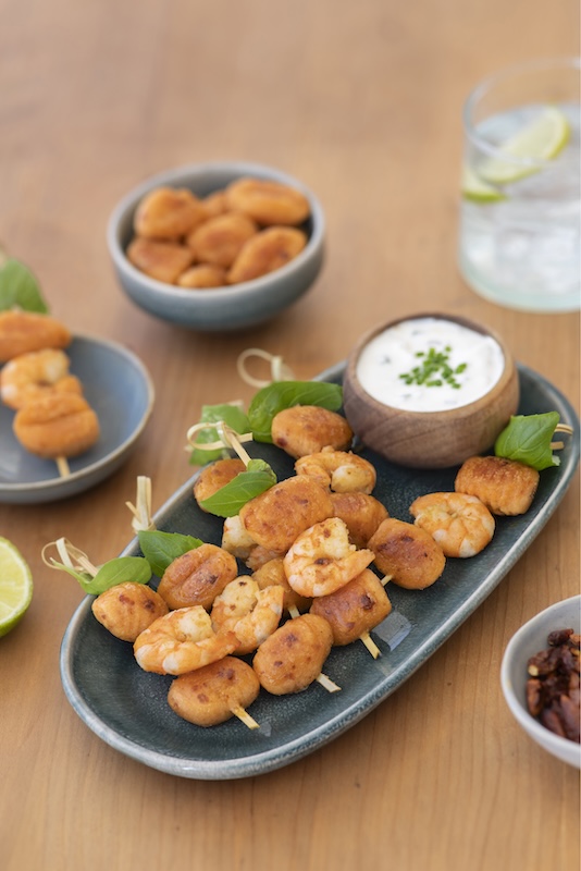 recette de Brochettes de gnocchi chorizo et crevettes