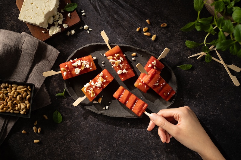 recette de Brochettes de pastèque menthe feta
