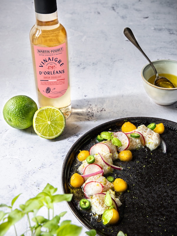 recette de Ceviche de bar au vinaigre de coquelicot
