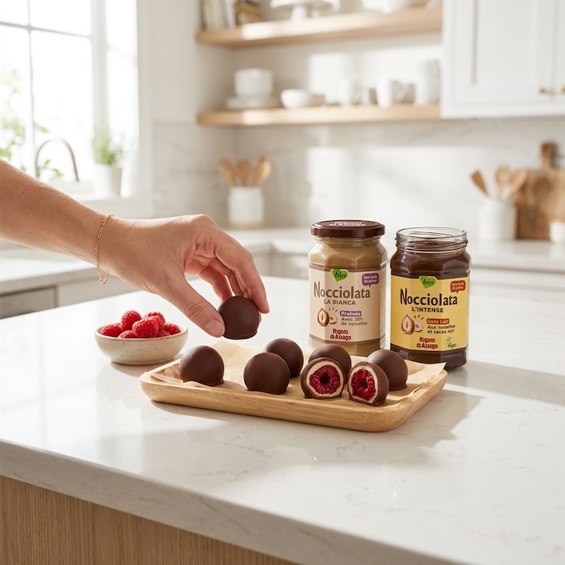 recette de Framboises enrobées de deux Nocciolata