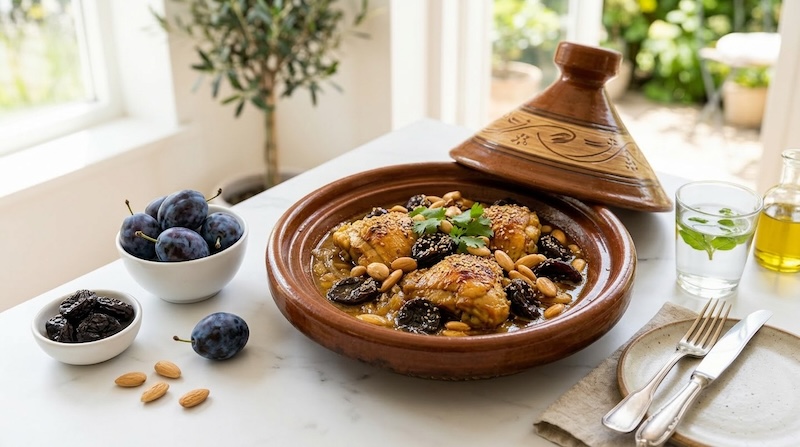 recette de Tajine de poulet aux prunes et aux amandes