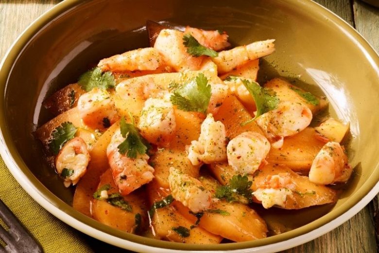 Ceviche de crevettes marinées et melon